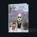 Cat & Dog Western Funny Birthday for Son or Male Kaart<br><div class="desc">90 lb. geel lab en kat als westerne tekens.  U kunt de tekst aanpassen.  De Grand Canyon achtergrond is van publicdomainpictures. Inside is American Gothic Labs,  een symbool voor conservatieve ouders of familieleden.  lol!   Op deze versie heeft het oom Gothic Lab geen specs.</div>