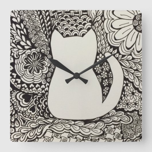 Cat Doodle Wall Clock Vierkante Klok (Voorkant)