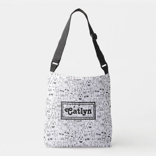 Cat Doodles, Funny Black and White Katten Pattern Crossbody Tas (Voorkant)