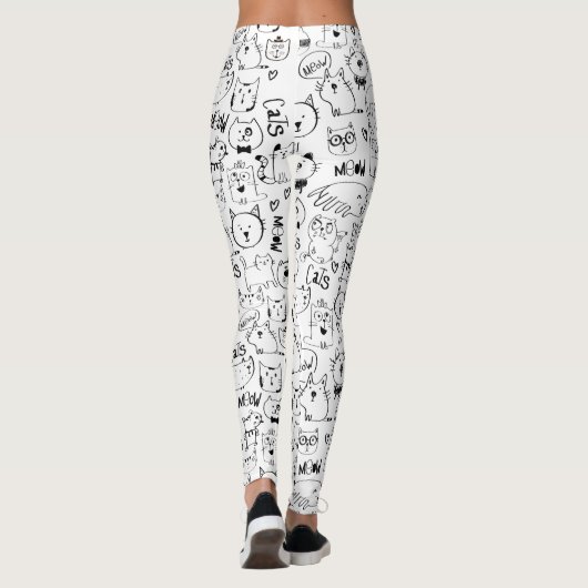 Cat Doodles, Funny Black and White Katten Pattern Leggings (Achterkant)