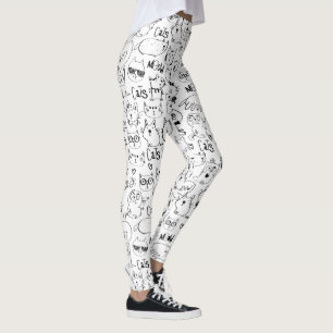Cat Doodles, Funny Black and White Katten Pattern Leggings