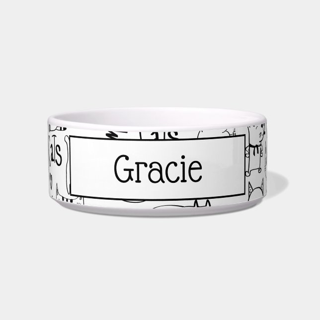 Cat Doodles, Funny Black and White Katten Pattern Voerbakje (Voorkant)