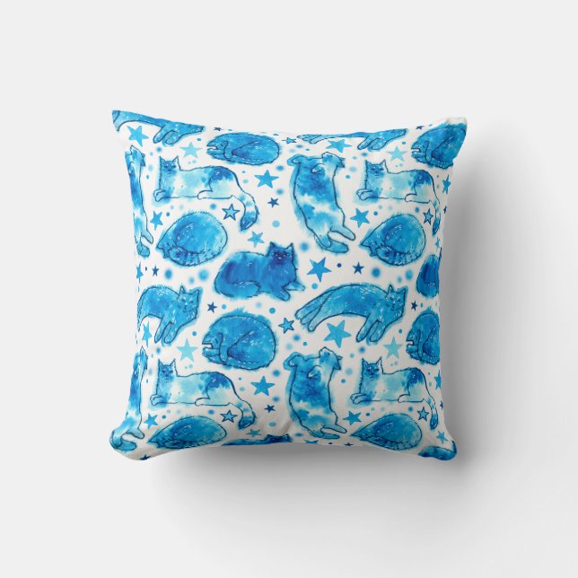 Cat Dream Stars Waterverf Cats Pattern Blue White Kussen (Voorkant)