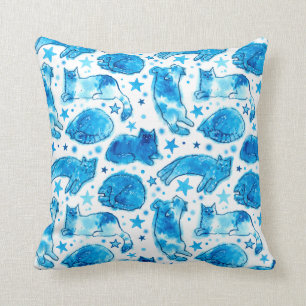 Cat Dream Stars Waterverf Katten Pattern Blue Whit Kussen