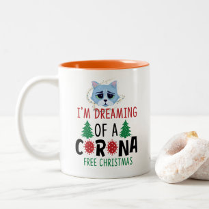 Cat Dreaming of a CORONA Free Kerstmis   Financier Tweekleurige Koffiemok