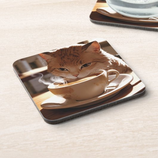 Cat drinking coffee from a cup bier onderzetter (Linkerzijde)