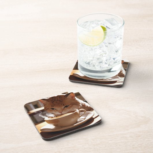 Cat drinking coffee from a cup bier onderzetter (Rechterzijde)