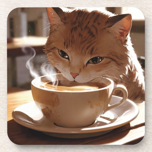 Cat drinking coffee from a cup bier onderzetter (Voorkant)
