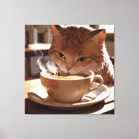 Cat drinking coffee from a cup canvas afdruk (Voorkant)