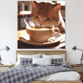 Cat drinking coffee from a cup canvas afdruk (Insitu (Slaapkamer))