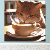Cat drinking coffee from a cup canvas afdruk (Insitu (Houten vloer))