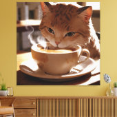 Cat drinking coffee from a cup canvas afdruk (Insitu (Woonkamer))