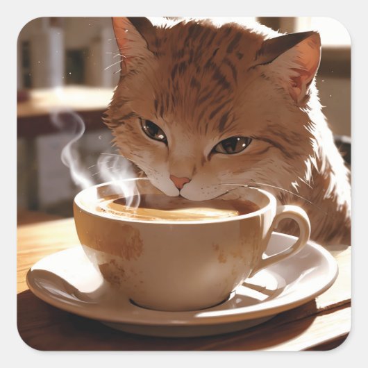 Cat drinking coffee from a cup vierkante sticker (Voorkant)