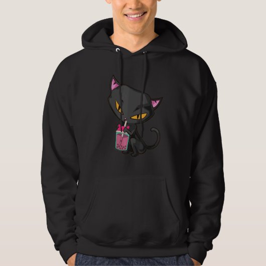 Cat drinking pink Boba Tea Hoodie (Voorkant)