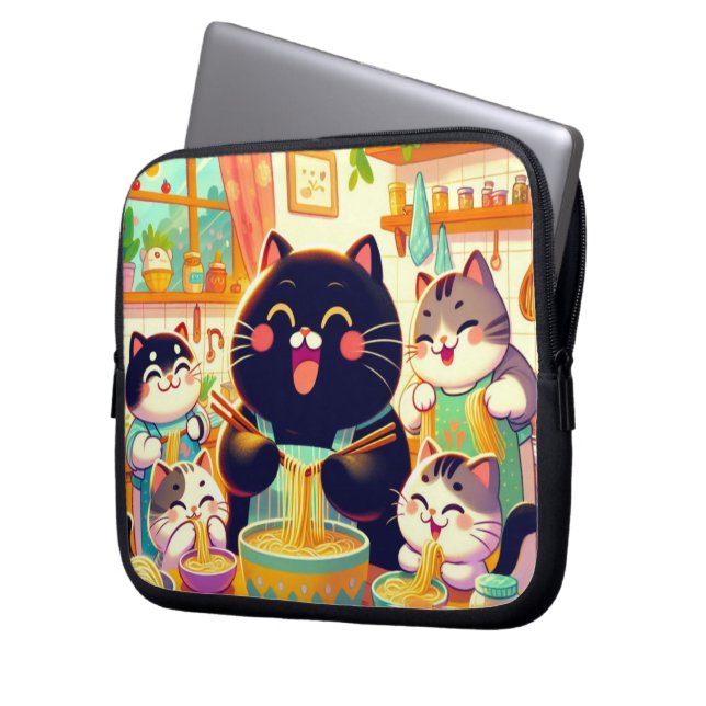 Cat eating Noodles soup and friends Laptop Sleeve (Voorkant Links)