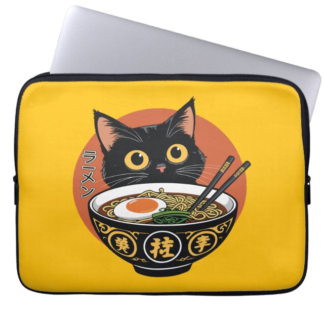 Cat eating ramen  laptop sleeve (Voorkant)