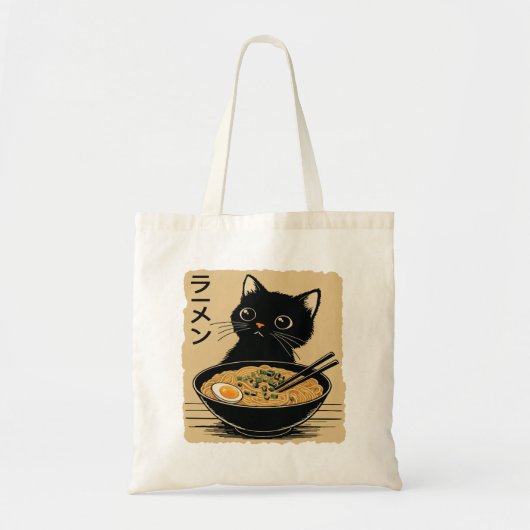 Cat eating ramen tote bag (Voorkant)