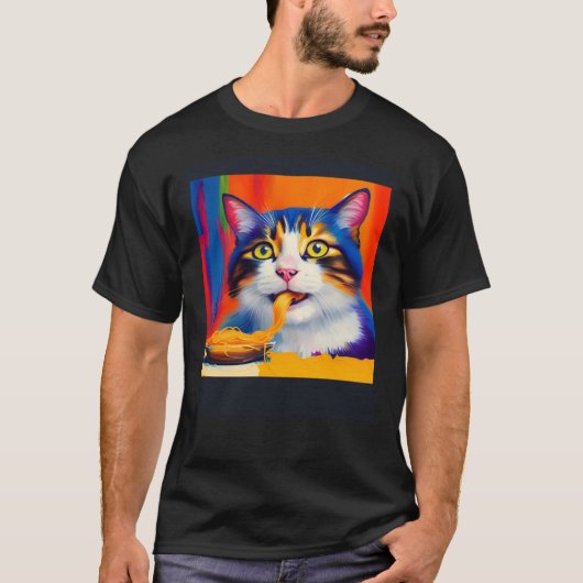 Cat Eating Spaghetti Oil Painting Style T-shirt (Voorkant)