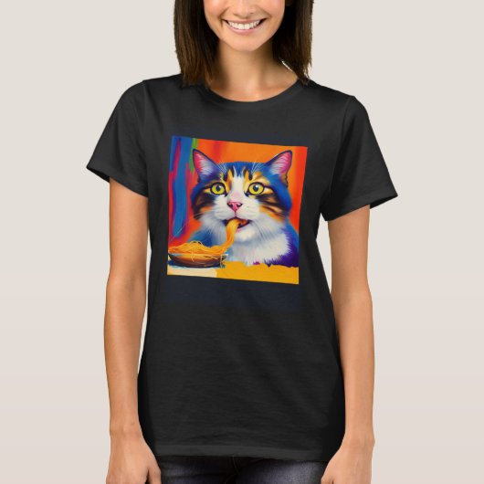 Cat Eating Spaghetti Oil Painting Style T-shirt (Voorkant)