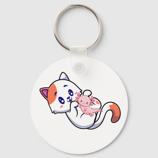 Cat en Axolotl Kawaii Neko Anime Button Sleutelhan Sleutelhanger (Voorkant)