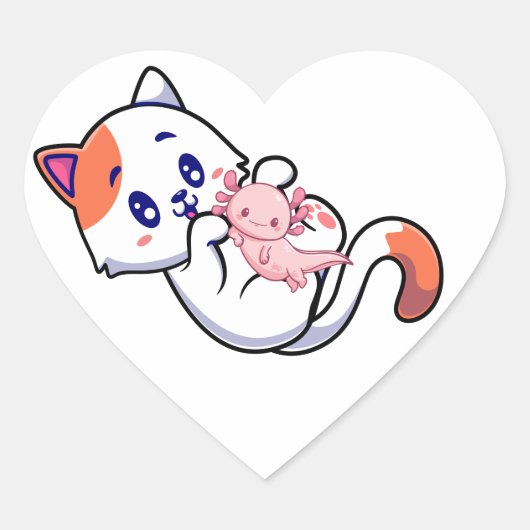 Cat en Axolotl Kawaii Neko Anime Hart Sticker (Voorkant)