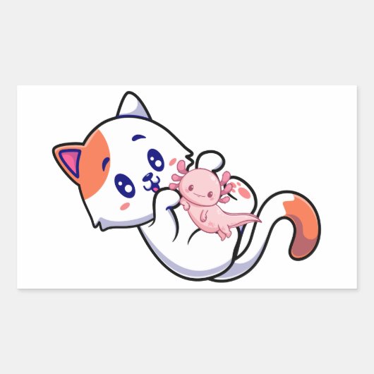Cat en Axolotl Kawaii Neko Anime Rechthoekige Sticker (Voorkant)