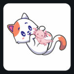 Cat en Axolotl Kawaii Neko Anime Vierkante Sticker<br><div class="desc">Kat en Axolotl Kawaii Neko Anime Japans design Gift Square Sticker Klassiek Collectie.</div>