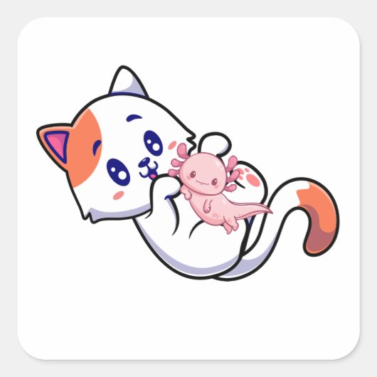 Cat en Axolotl Kawaii Neko Anime Vierkante Sticker (Voorkant)