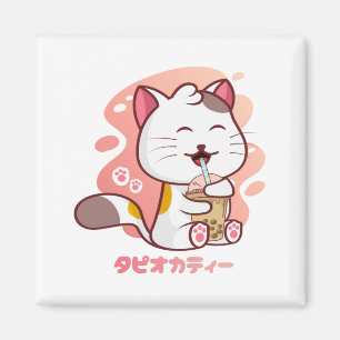 Cat en Boba Milk Tea Anime Kawaii Square Magnet
