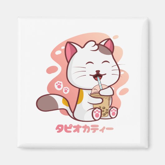 Cat en Boba Milk Tea Anime Kawaii Square Magnet (Voorkant)