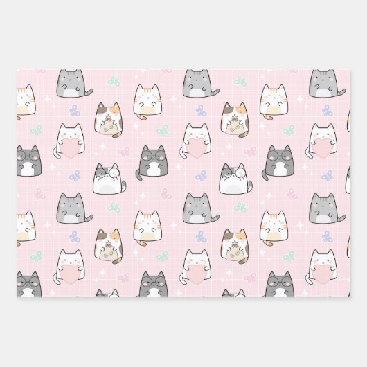 Cat en Butterflies Springtime Cartoon Inpakpapier Vel (Voorkant)