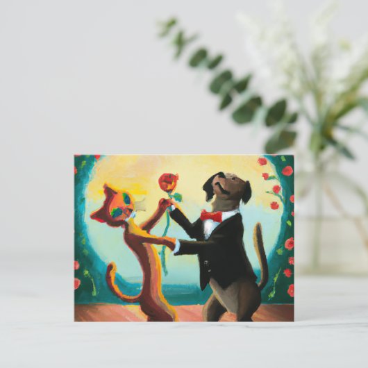 Cat en Dog Dansende Tango in Dance Club, AI Art Briefkaart (Staand voorkant)