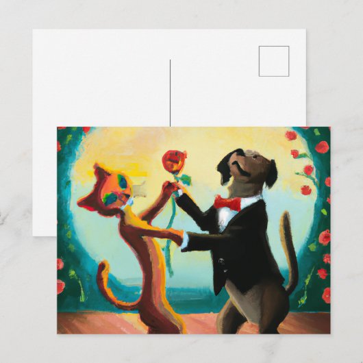 Cat en Dog Dansende Tango in Dance Club, AI Art Briefkaart (Voorkant / Achterkant)