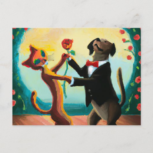 Cat en Dog Dansende Tango in Dance Club, AI Art Briefkaart (Voorkant)