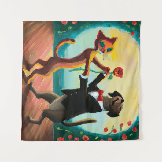 Cat en Dog Dansende Tango in Dance Club, AI Art Wandkleed (Voorkant (horizontaal))