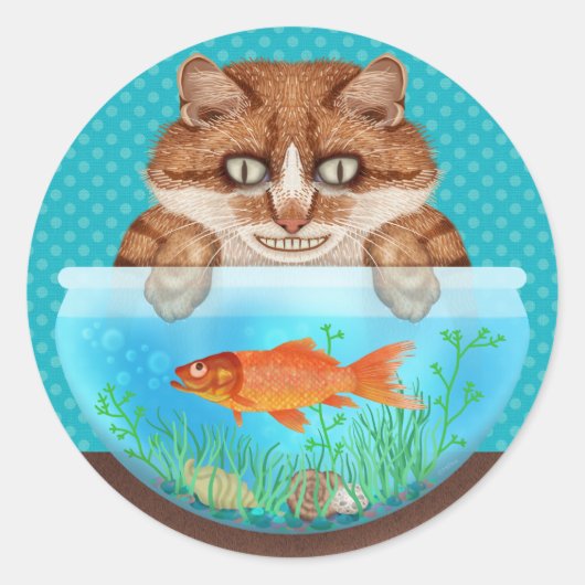 Cat en Goldfish Bowl Funny Hungry Grinning Kat Ronde Sticker (Voorkant)