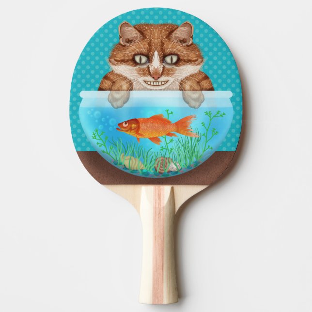Cat en Goldfish Bowl Funny Hungry Grinning Kat Tafeltennisbatje (Voorkant)