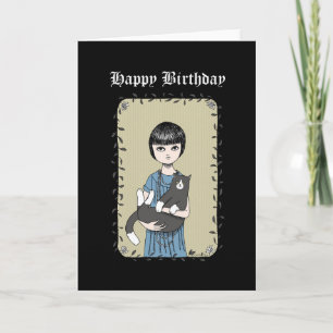 Cat en Gothic Girl Creepy Dark Art Happy Birthday  Kaart