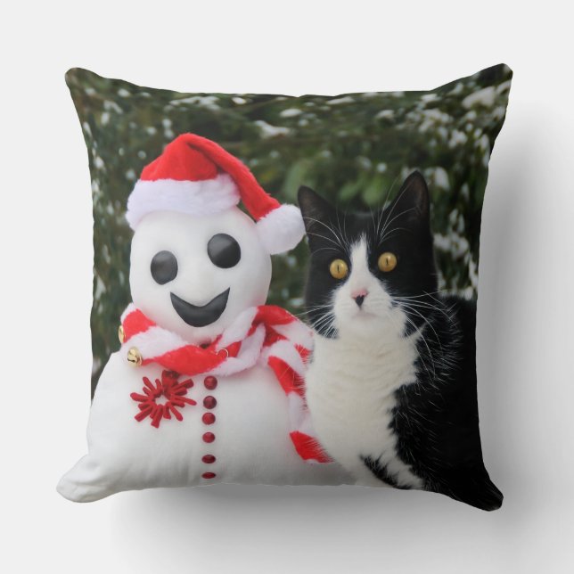 Cat en Santa Snowman Kerstmis Foto Kussen (Voorkant)