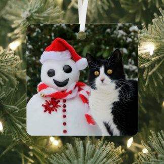 Cat en Santa Snowman met kerstmis Foto - Metalen Ornament
