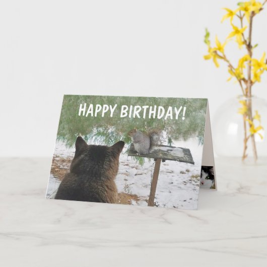 Cat en Squirrel Funny Birthday Kaart (Gele Bloem)