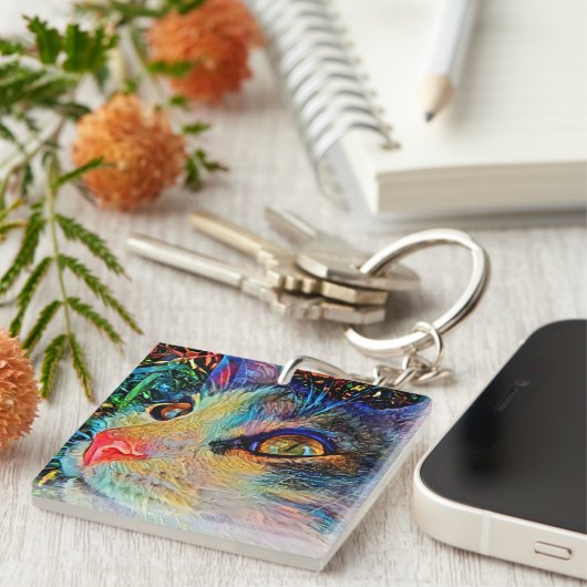 Cat Face Art Sleutelhanger Ring (Voorkant Rechts)