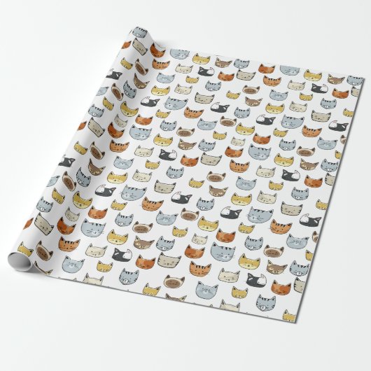 Cat Face Doodle Patroon Cadeaupapier (Uitgerold)