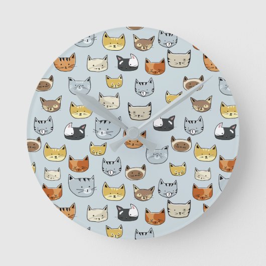 Cat Face Doodle Patroon Ronde Klok (Voorkant)