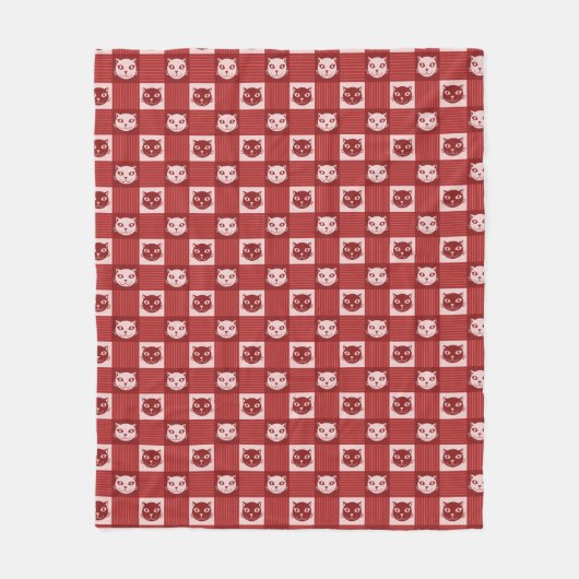Cat Face Gingham Pattern Cute Red Fleece Deken (Voorkant)