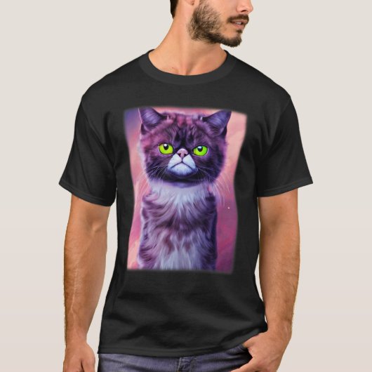 Cat face graphic animal pet grumpy kitten print t-shirt (Voorkant)