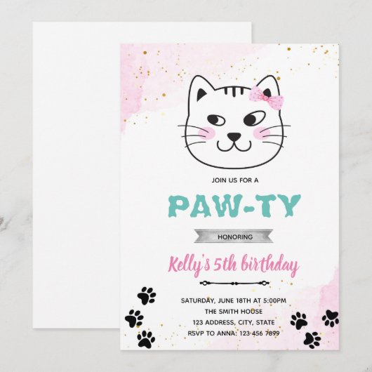 Cat face party party thema uitnodiging (Voorkant / Achterkant)