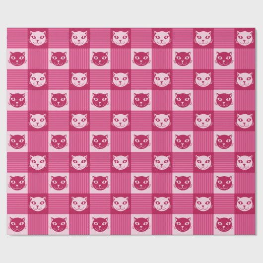 Cat Face Pink Gingham Pattern Cute Cadeaupapier (Vlak)