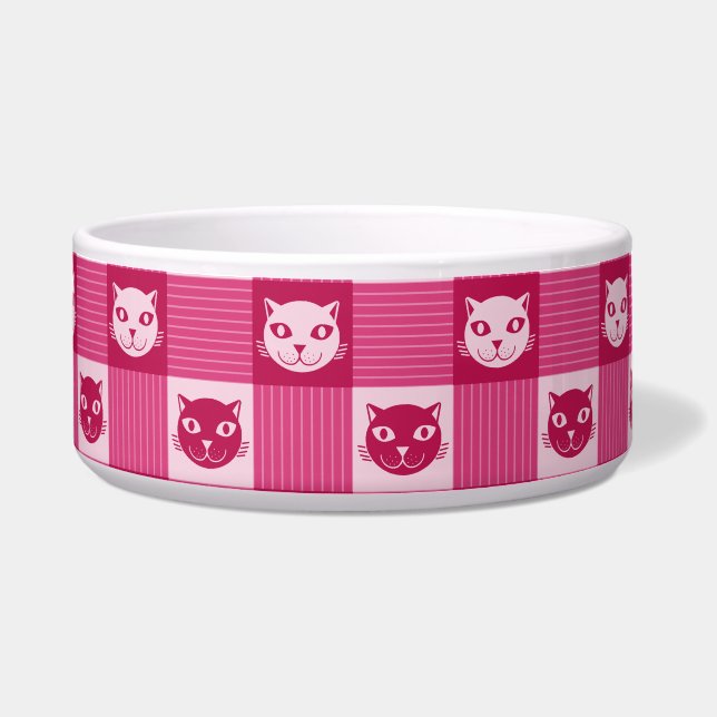Cat Face Pink Gingham Pattern Cute Voerbakje (Voorkant)