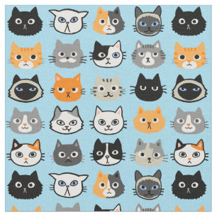 Cat Faces Patroon   Cool Kitty Cat Lover's Fabric Stof